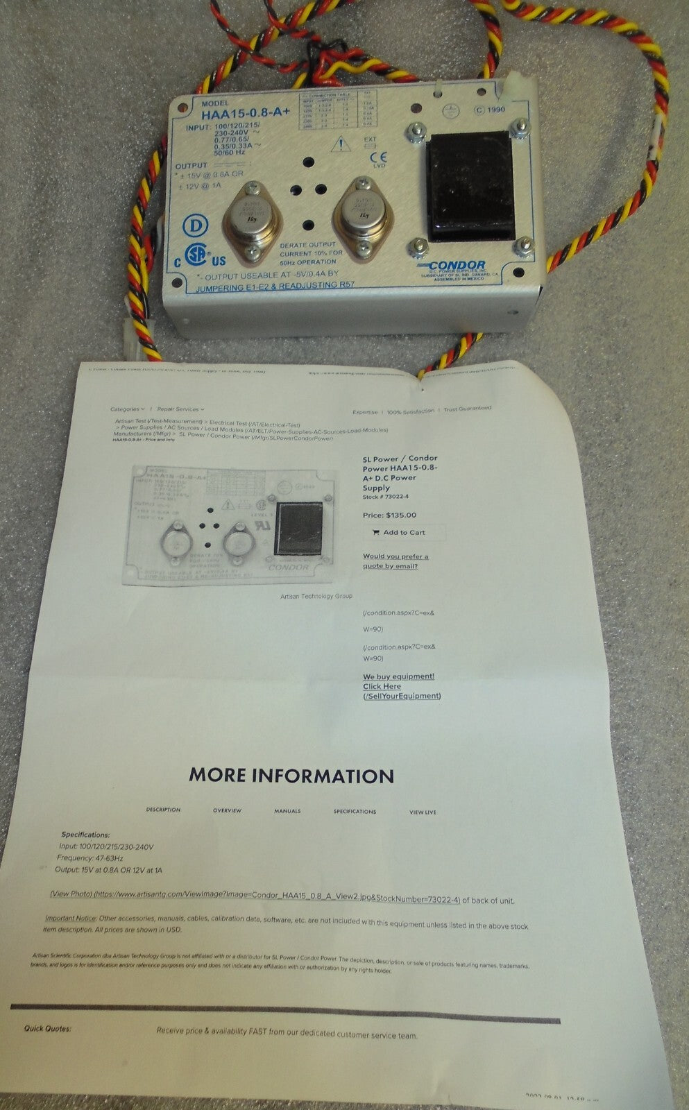 Condor Linear Power Supply Type HAA15-0.8-A+Output 15v or 12 Volts Good Function