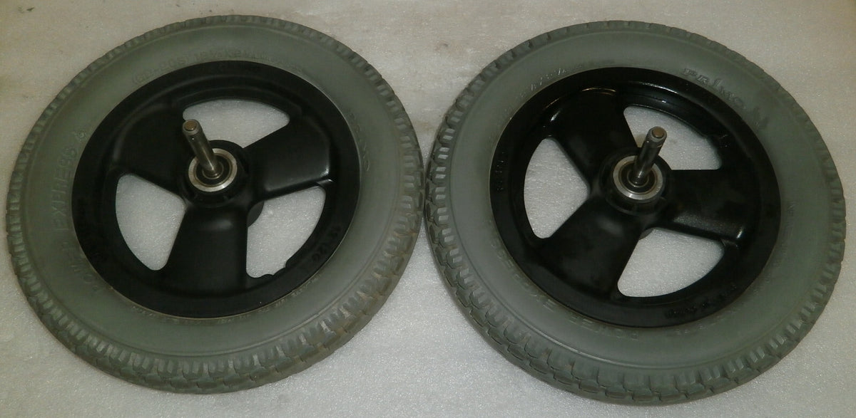 PAIR WHEELCHAIR WHEELS POWER EXPRESS SIZE 62-203 VERY GOOD CONDITION WITH AXLES