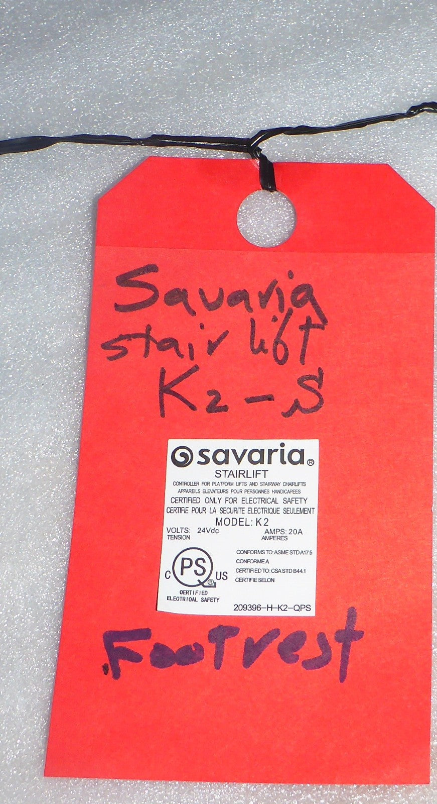 SAVARIA K2S STAIR LIFT FOOTREST WITH CHARGER AND KEY