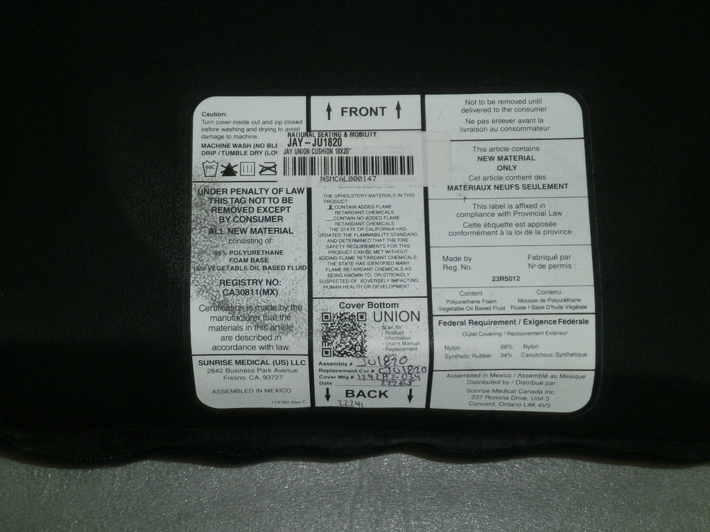 Jay Union Wheelchair Cushion JU1820 Size 18x20" W/Cover Good Condition