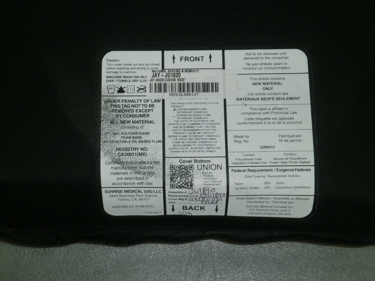 Jay Union Wheelchair Cushion JU1820 Size 18x20" W/Cover Good Condition