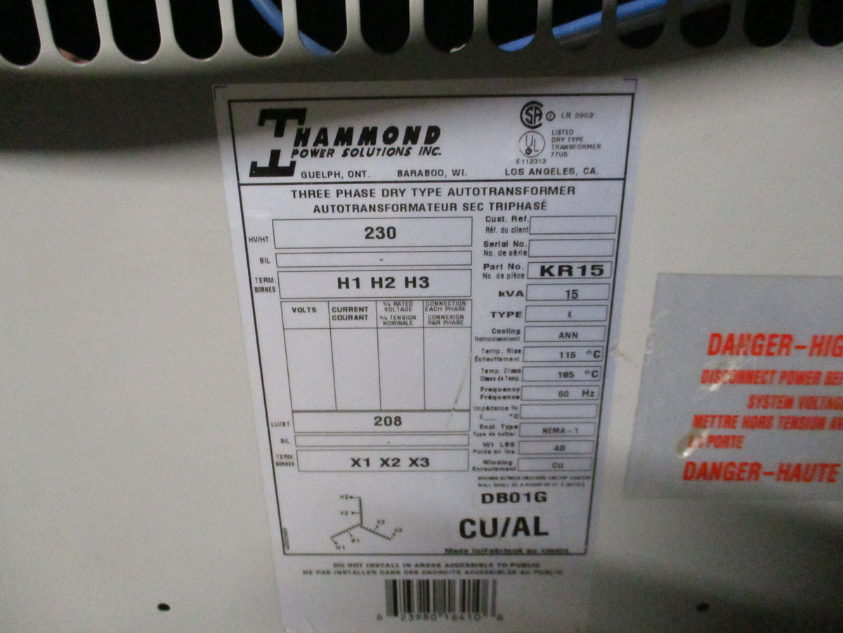HAMMOND THREE PHASE 230 VAC 208 VAC 15 KVA TRANSFORMER KR15 USED GOOD CONDITION