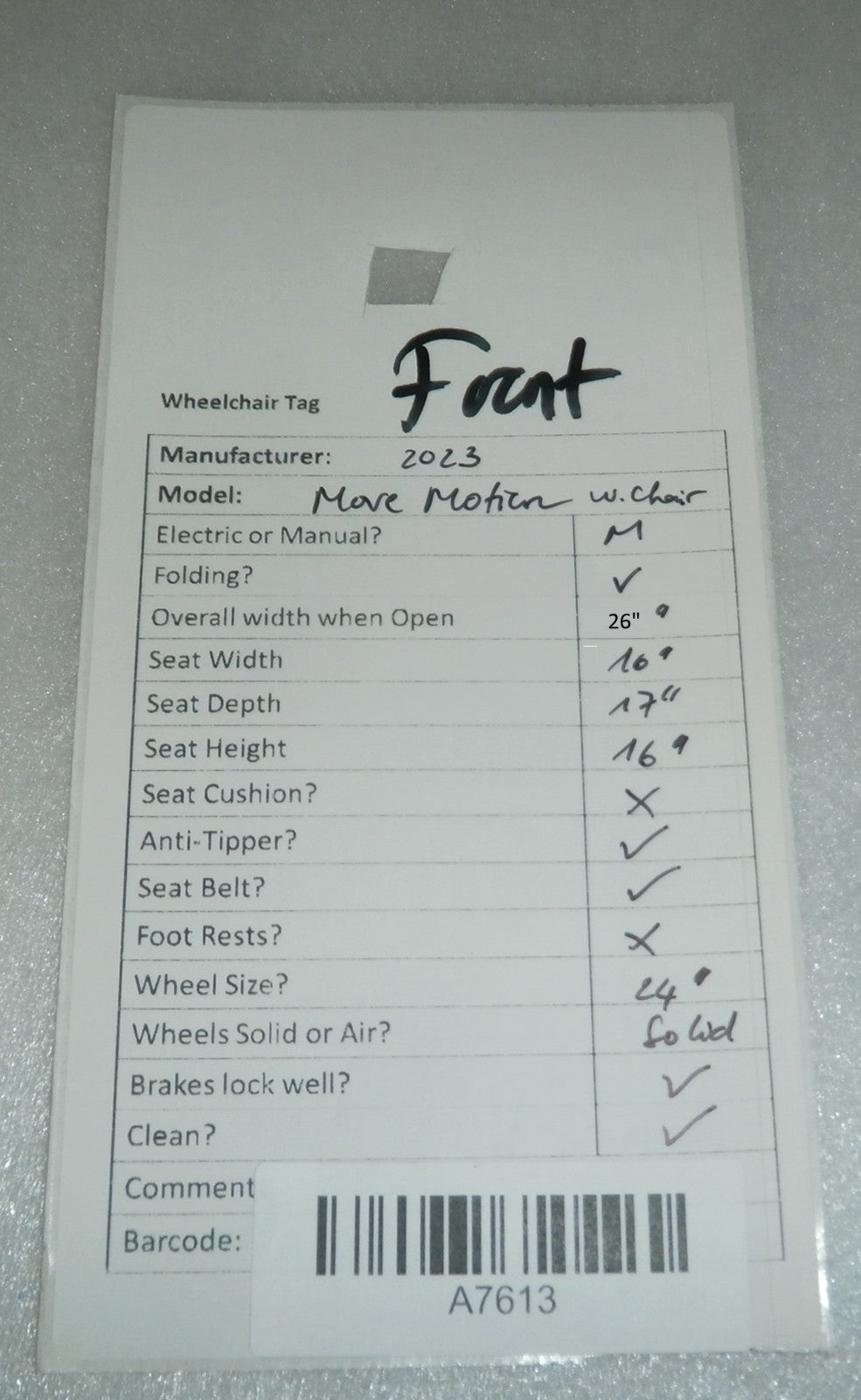 2022 16" SEAT WIDTH MOTION COMPOSITES MOVE WHEELCHAIR (no footrests)