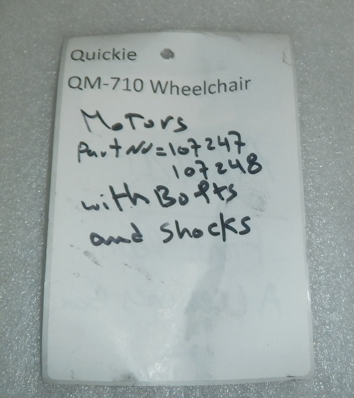 Quickie QM-710 Wheelchair Set 2 L/R Motors 107247 & 107248 w/ Bolts & Shocks