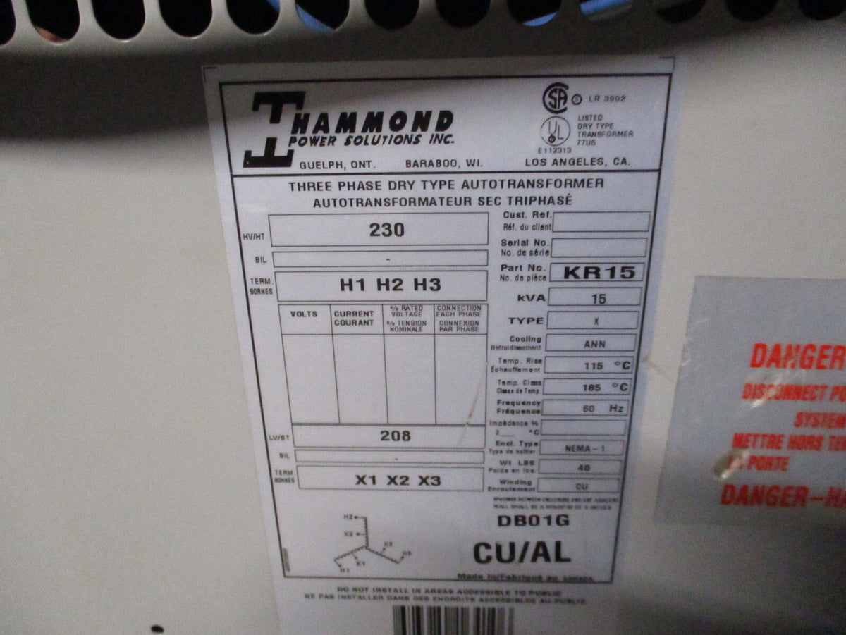 HAMMOND THREE PHASE 230 VAC 208 VAC 15 KVA TRANSFORMER KR15 USED GOOD CONDITION