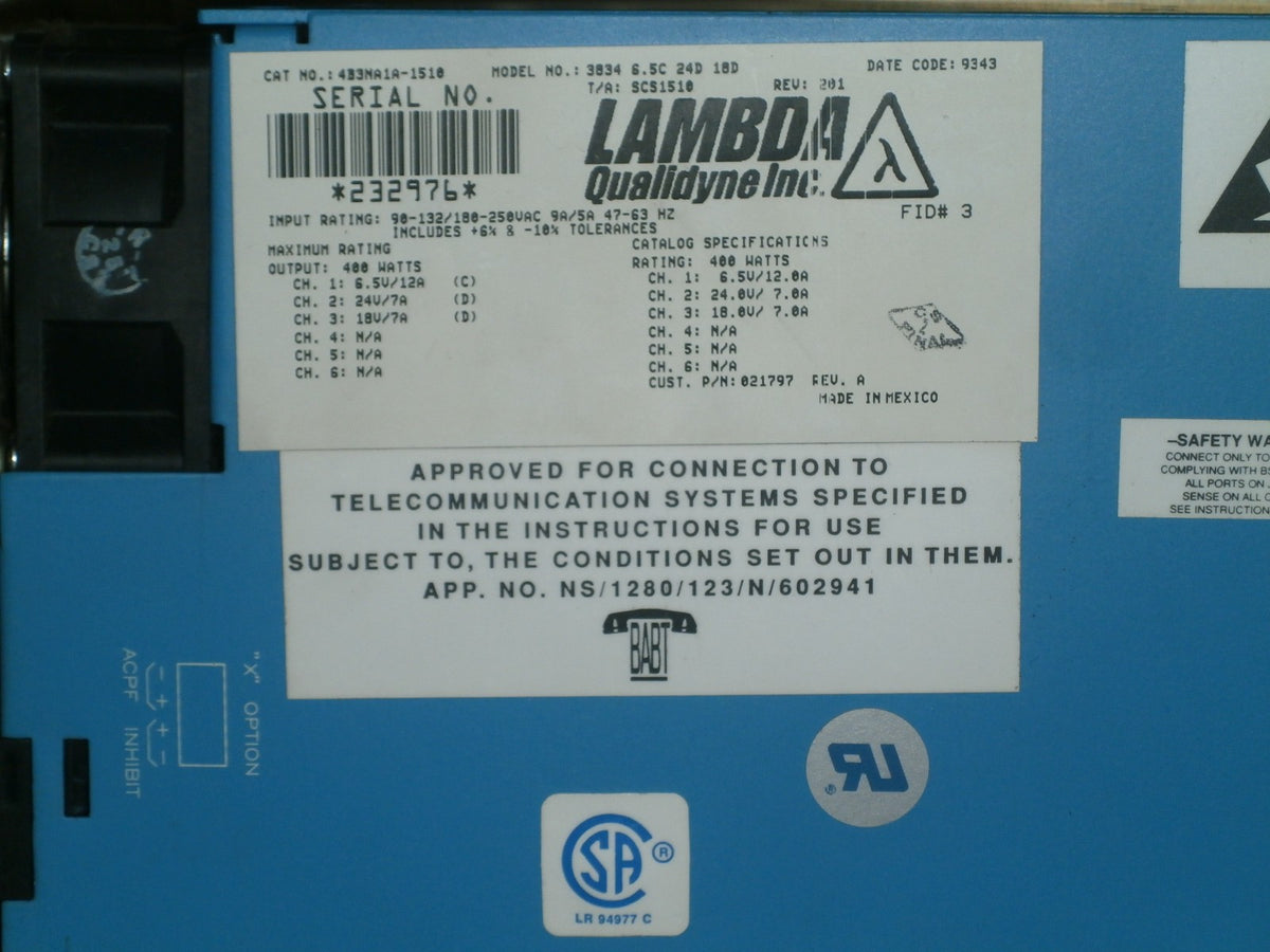 LAMBDA POWER SUPPLY QUALIDYNE Model 3834 4B3NA1A