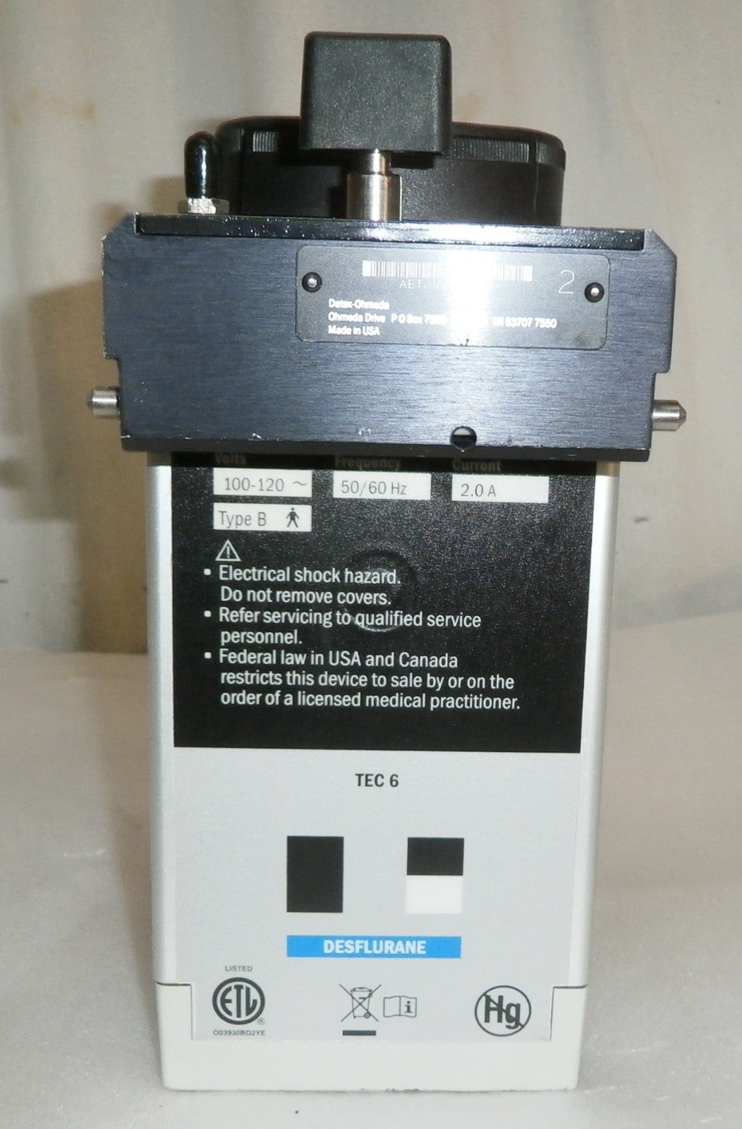 Datex Ohmeda Tec 6 Plus Desflurane from Anesthesia Machine