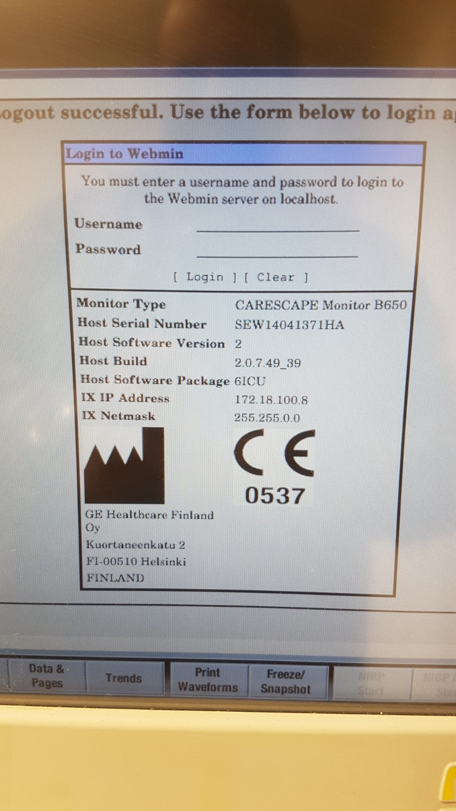 GE Healthcare CARESCAPE B650 Monitor 6ICU 6NIC