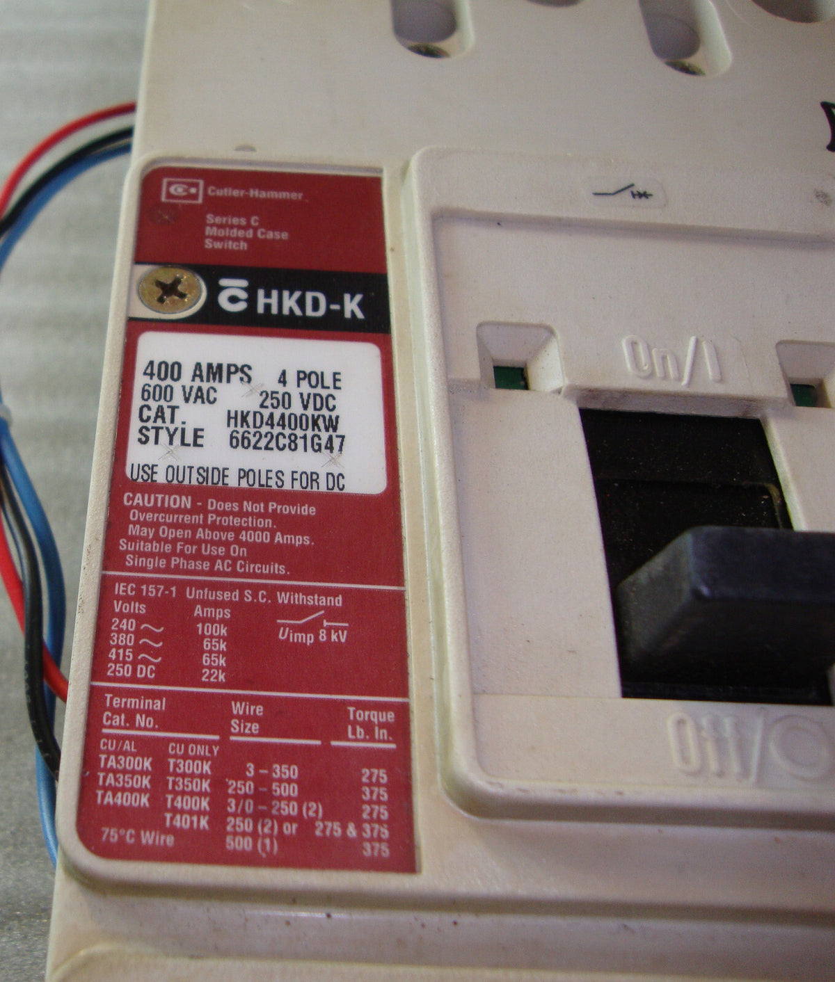 Cutler HAMMER MOLDED SWITCH Breaker HKD4400KW 400 AMP 600 VAC 250 VDC 4 POLE