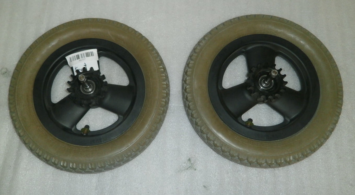 LOT OF 2 POWER WHEELCHAIR WHEELS PRIMO POWER EXPRESS 62-203 W/ AXLES AS PICTURES