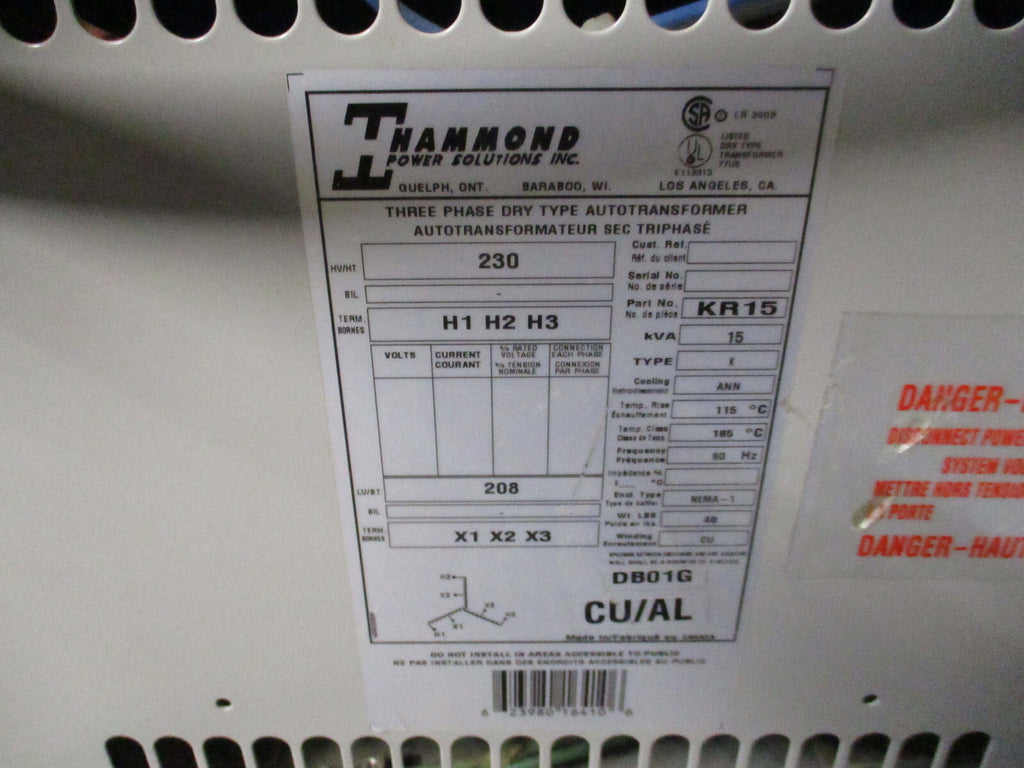 HAMMOND THREE PHASE 230 VAC 208 VAC 15 KVA TRANSFORMER KR15 USED GOOD CONDITION