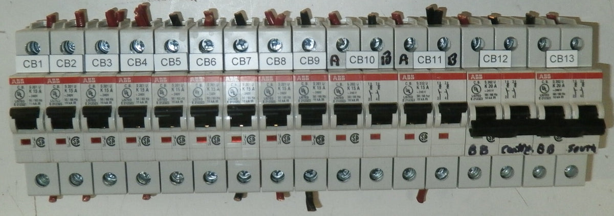 2 ABB 20A DAULE POLE AND 13 ABB SINGLE POLE CIRCUIT BREAKER USED GOOD CONDITI