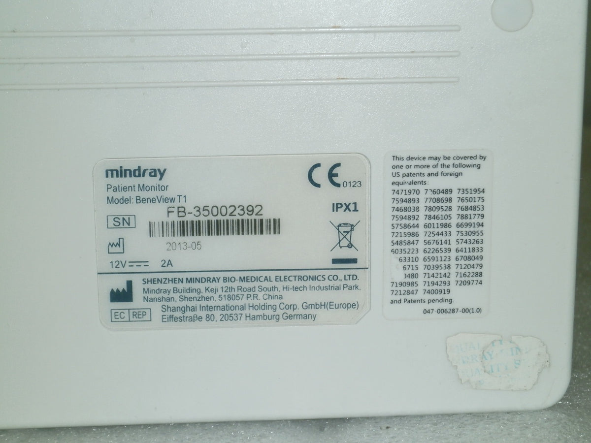 Mindray BeneView T1 Monitor w/ SPO2, NBP Cuff, 3 Lead ECG and 1 Battery
