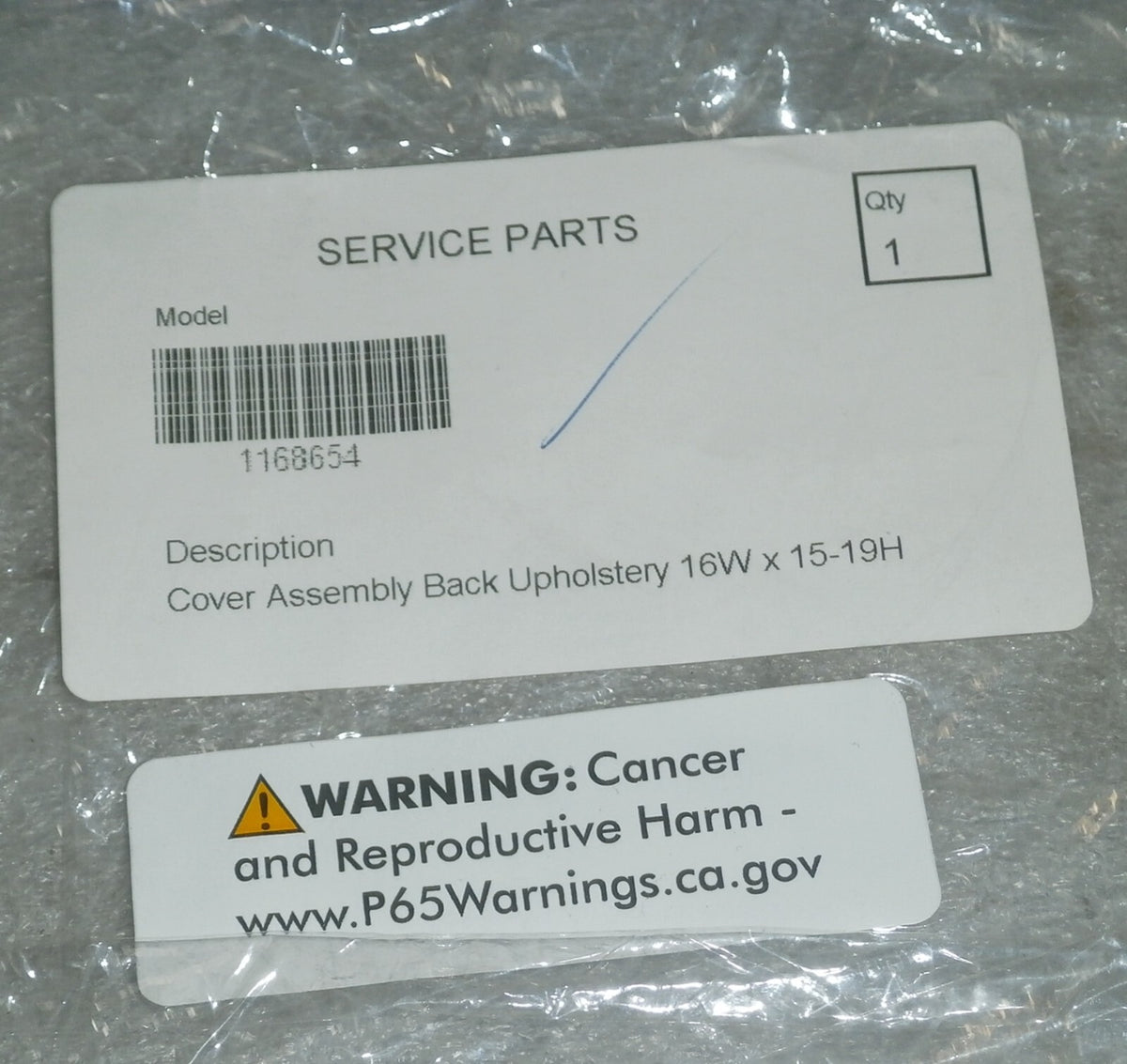 Invacare Cover Assembly Back Upholstery Size 16W x 15-19H Model 1168654