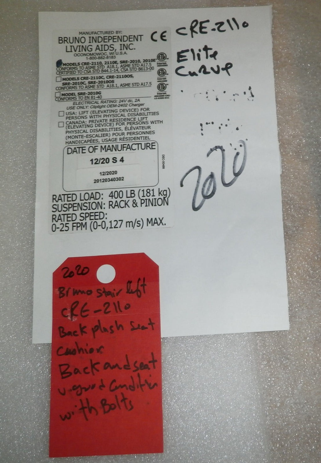 bruno CRE- 2110 stair lift 2020 back plash and seat cushion only with bolts