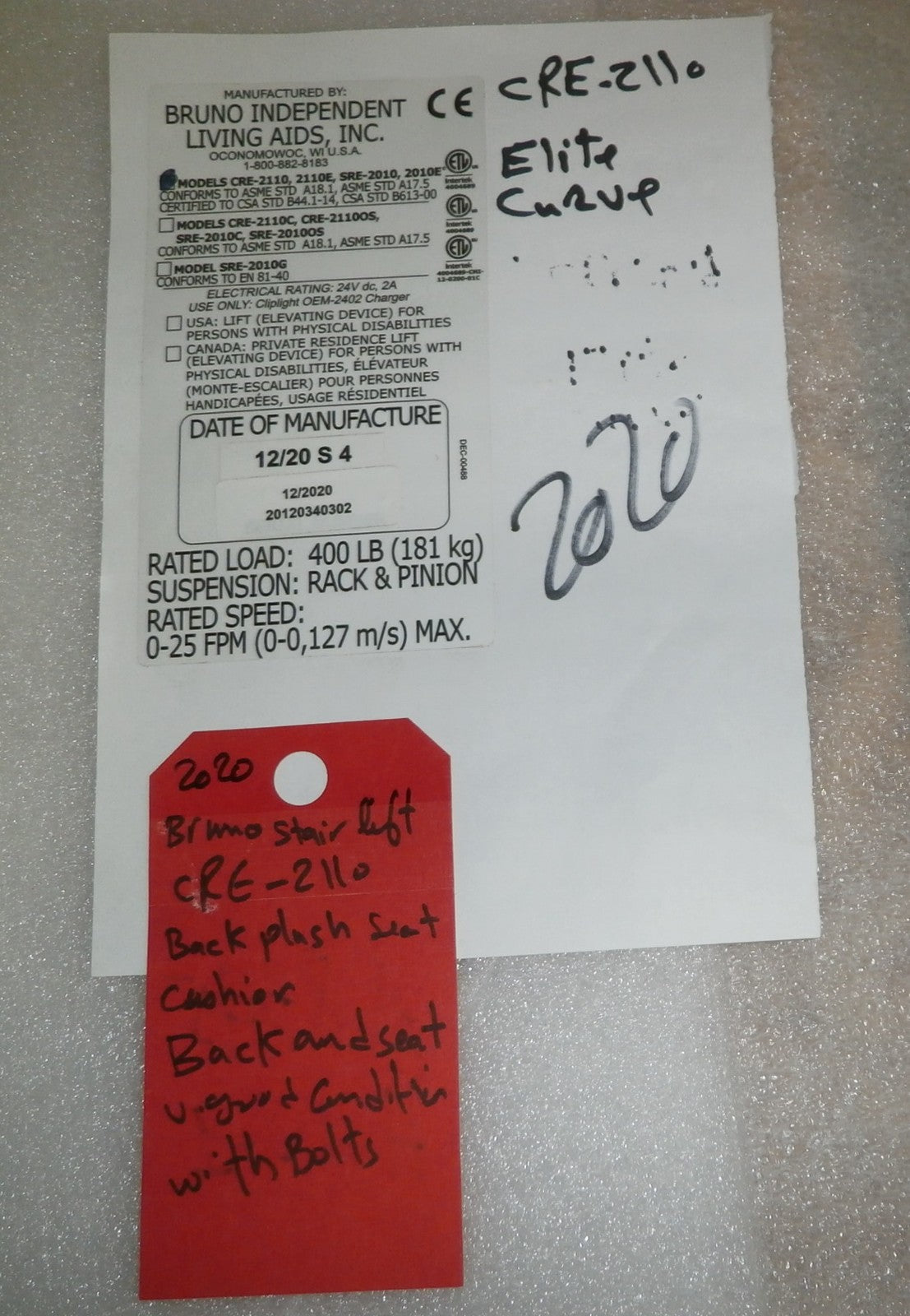 bruno CRE- 2110 stair lift 2020 back plash and seat cushion only with bolts